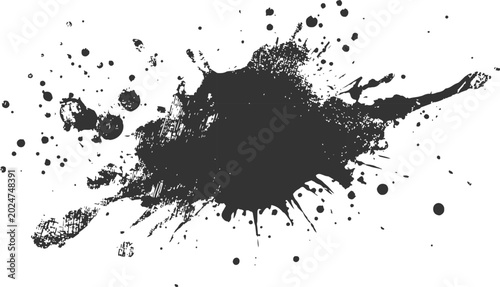 Fotografie Abstract black grunge ink blot paint splatter with artistic dirty messy drops and stains vector illustration