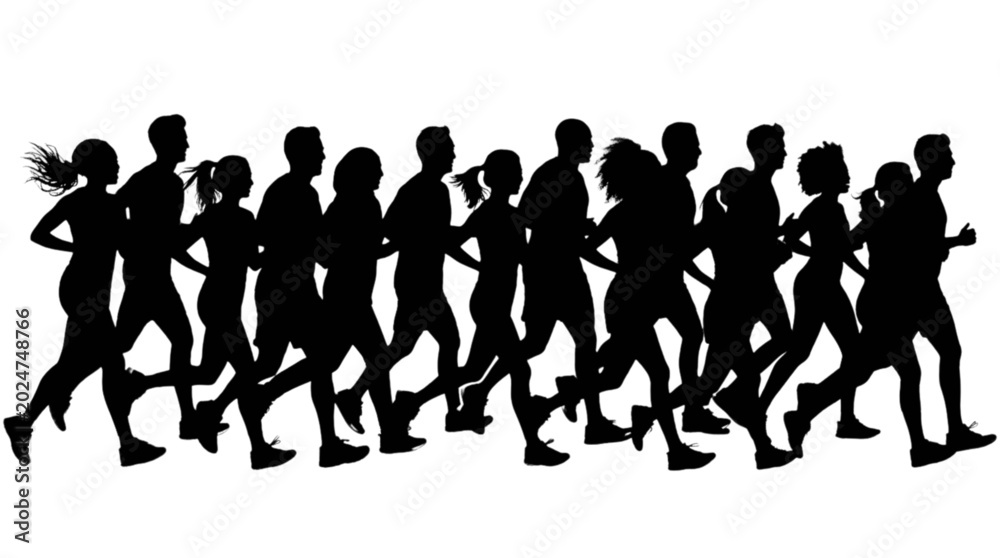 Obraz premium Silhouette of Diverse Group Running Together in Dynamic Motion Vector Illustration
