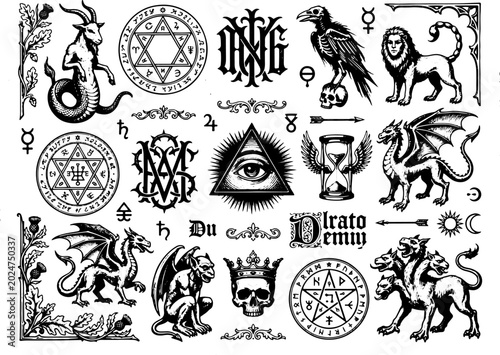 A collection of mystical symbols, creatures, and occult illustrations featuring a dragon, skull, eye, and pentagram