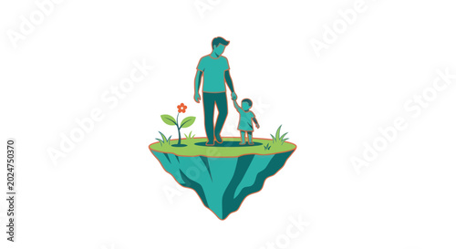 Father and Child Floating Island Vector Illustration
