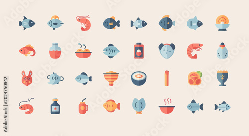 Colorful flat icons of seafood and dishes
