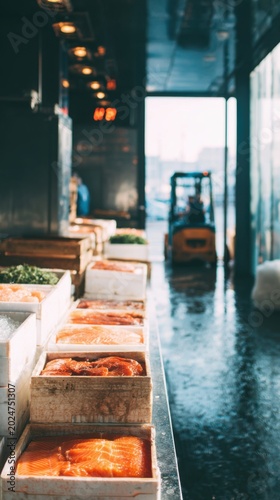 Workers move around a cold storage area filled with transparent boxes of seafood on large wooden trays. The chamber is busy and well-lit, showing various seafood products