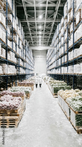 Workers walk through a cold storage warehouse between tall shelves filled with stacked goods. The area is organized for efficient distribution and storage
