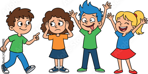 Photos Cartoon School Kids Vector Character Set with Sad Bullied Girl and Mocking Child