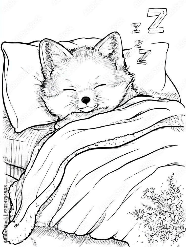 Fototapeta premium Cozy Fox Snuggled Under a Warm Blanket in a Bedtime Coloring Book Page for Relaxation and Creativity
