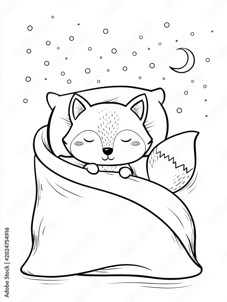 Fototapeta premium Cute Fox Snuggled Under a Warm Blanket with Night Sky and Coloring Page for Bedtime Relaxation