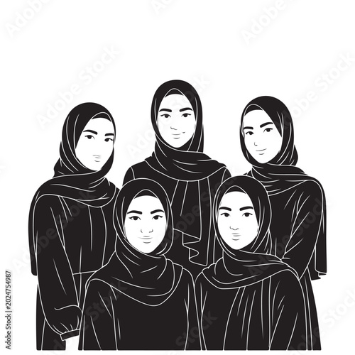 Obraz na płótnie Black and white vector illustration of a group of five Muslim women wearing hija