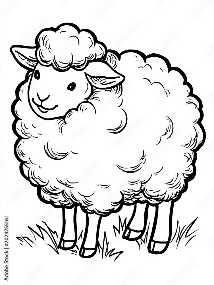 Obraz premium Fluffy Sheep with Wool in Farm Setting for Simple Coloring Book Page