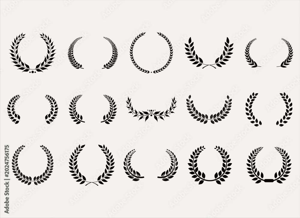 Obraz premium Collection of Black Laurel Wreaths, Award, Victory, Success and Achievement Laurel Crown Icons, Various Classic Styles, Award and Honor Symbols Clipart
