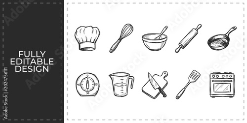 Fotografía Hand drawn baking and cooking icons with chef hat rolling pin and whisk tools sy