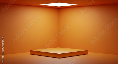 Empty orange studio corner with illuminated pedestal for product display and showcase