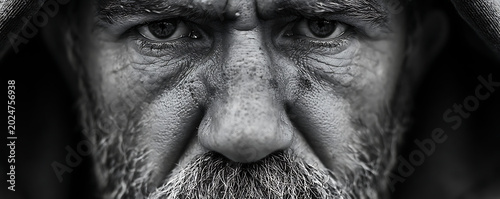 Close-up black and white portrait of a weathered man with intense eyes
