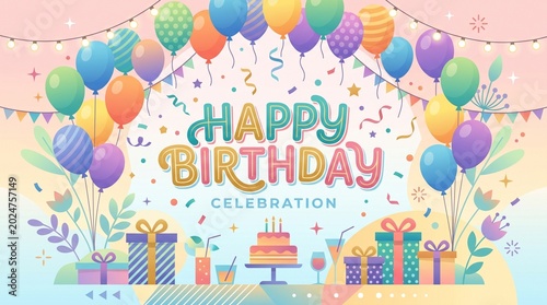 Colorful Happy Birthday Card with Balloons and Confetti Celebration