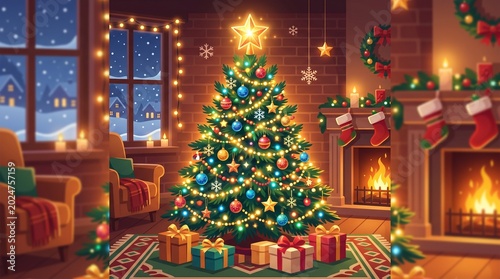 Decorated green Christmas tree with gifts and festive ornaments under glowing winter holiday lights