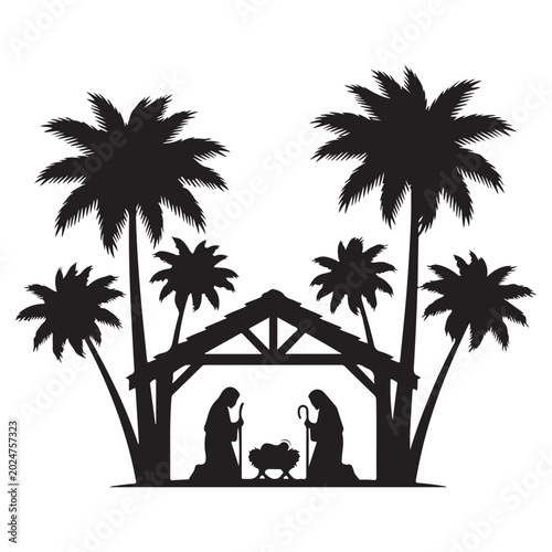 Bild auf Leinwand Nativity scene silhouette with Mary Joseph and baby Jesus in a stable surrounded