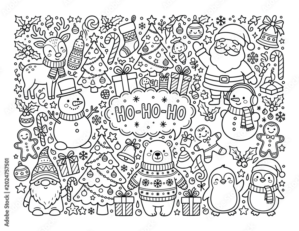 Fototapeta premium Christmas playful winter doodle collection with festive holiday characters coloring page design