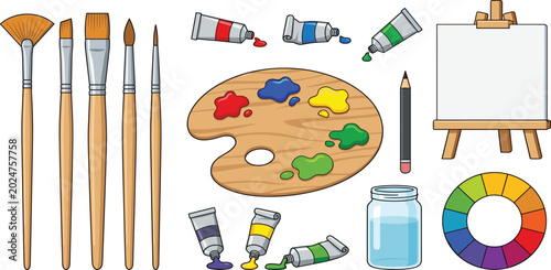 Art Supplies Vector Icon Set with Paintbrushes Palette Paint Tubes Easel Canvas and Color Wheel for Painting Education Craft and Creative Design Studios