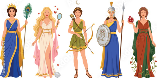 Cuadro en lienzo Ancient Greek Goddesses Vector Character Set Featuring Hera Aphrodite Artemis At