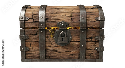 Old wooden treasure chest with metal straps and a glowing golden light coming from inside the box isolated on transparent background