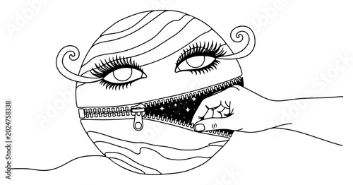 Bild auf Leinwand Hand unzipping circular head with eyes revealing starry space in surreal line ar