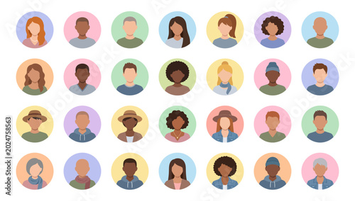 Diverse people avatars collection with anonymous male and female faceless portraits | Minimal flat vector illustration icon set for profile user team