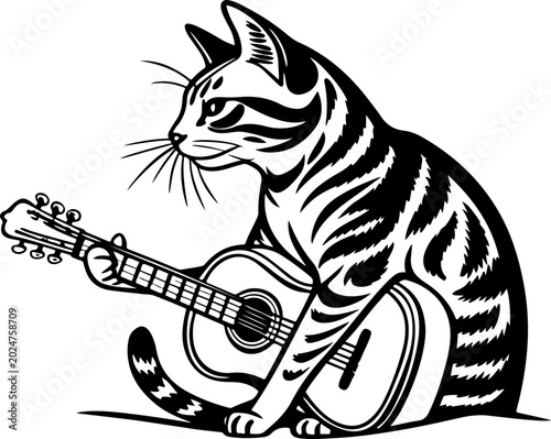 Photography Bengal cat guitarist in vintage style Vector Art