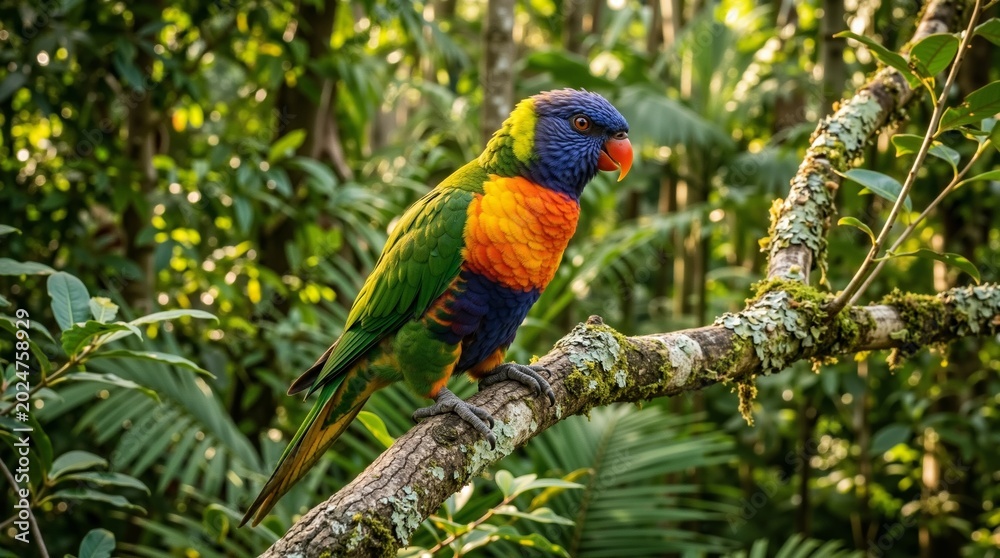 Obraz premium A colorful parrot sitting on a tree branch in a forest