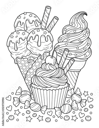 Photography Dessert items including ice cream cones and a sweet cupcake are arranged for a t