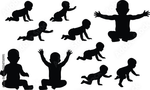 Foto WebCollection of nine baby silhouettes in various poses including crawling and s
