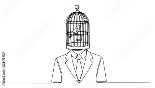 Foto Businessman with birdcage head and bird inside representing mental limitation in