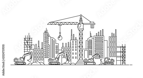Construction Site Skyline with Excavators and Crane, Modern City Buildings Underway