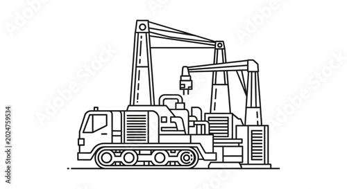 Industrial robot arm on tracked vehicle, modern heavy machinery, engineering concept line art
