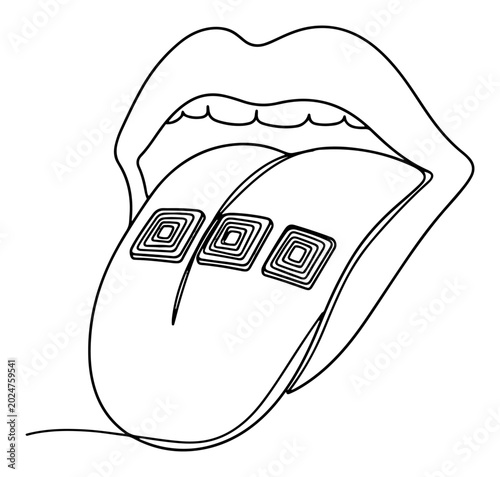 Obraz na płótnie Open mouth with tongue holding three patterned square tabs in minimalist line ar