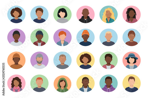 Diverse people avatars group showing anonymous faceless men and women characters | Minimal flat vector illustration icon set for profile user team