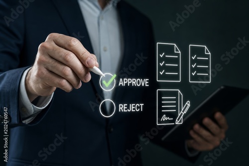 Man reviews a document on a tablet and checks off an 'approve' option on a digital screen, signifying approval.