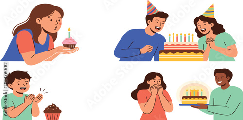 Happy Birthday Celebration Vector Character Set with Diverse People Blowing Out Candles Clapping and Sharing Cakes for Surprise Parties and Greeting Cards