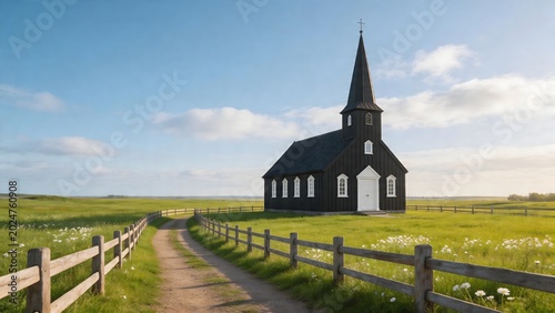 Black church in green field with path