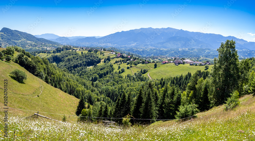 Fototapeta premium Fields and meadows near Pestera Village, Romania