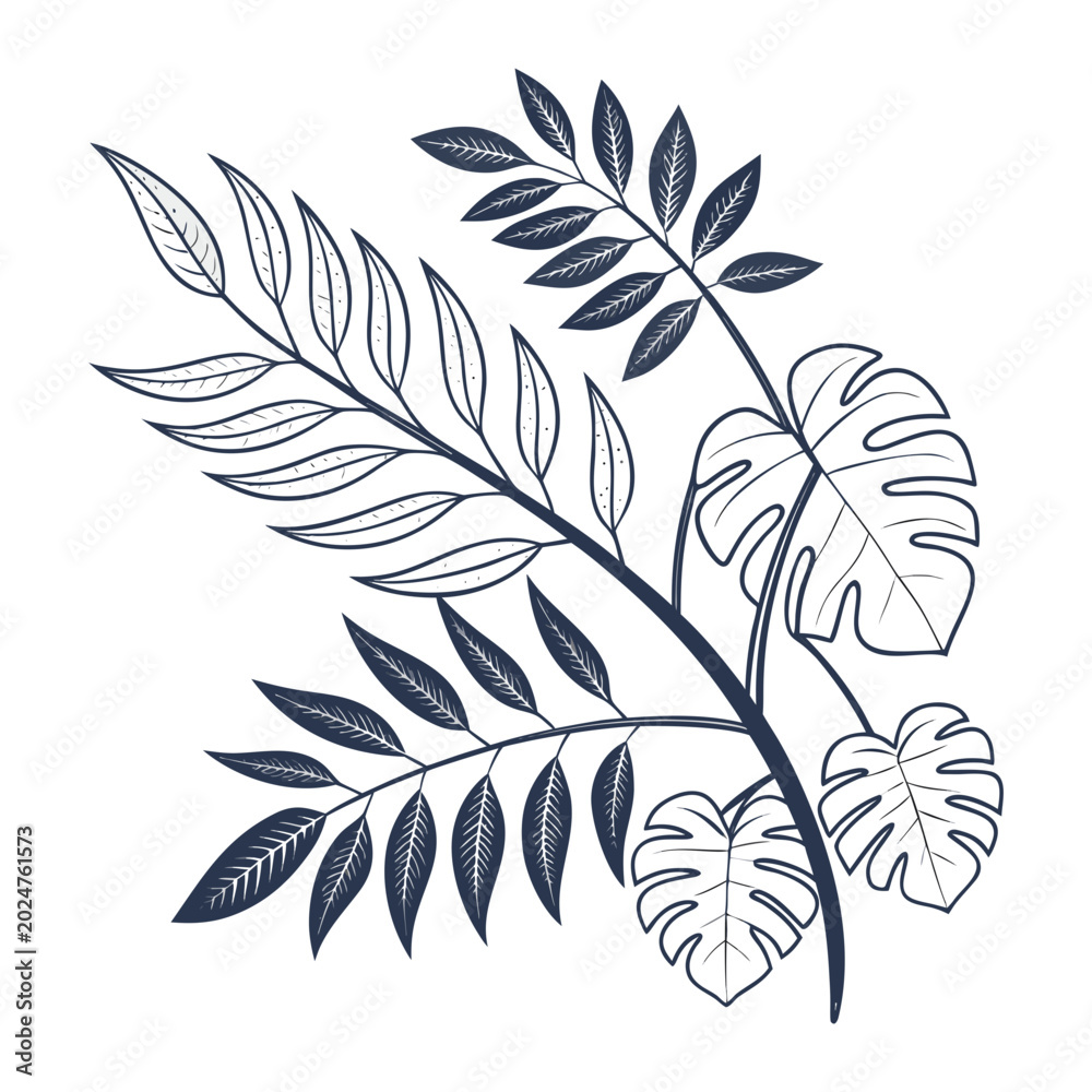 Fototapeta premium Hand drawn sketch illustration of assorted tropical leaves and foliage design element with line art