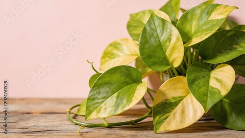Variegated leaf plant on wooden surface