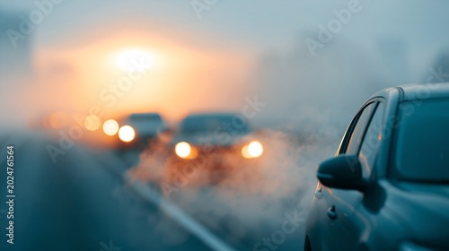 Cars navigate foggy road at sunset