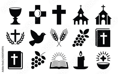 Grid layout of corpus christi religious symbols silhouette collection featuring crosses churches bible candle and grapevine icons in black and white for spiritual or faith based