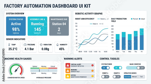 Factory automation dashboard UI design elements.