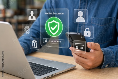 User verifies their identity on a smartphone, showing a successful verification with security icons and a shield.