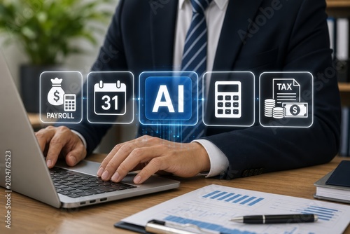 Man is working on a laptop with ai and financial icons appearing, indicating artificial intelligence in finance and payroll.