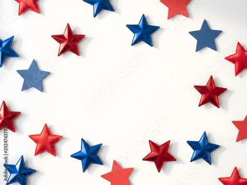 Red and blue metallic stars arranged in a festive circular frame on a clean white background, offering ample copy space for patriotic celebrations and national holiday designs