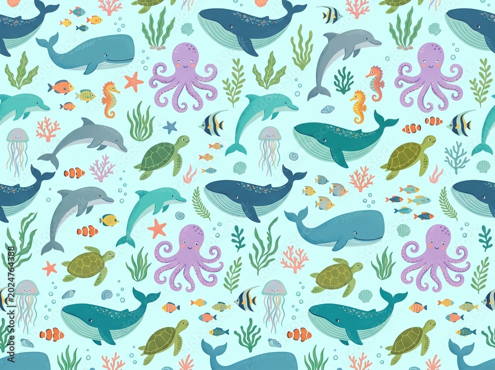 Fototapeta premium Cute Seamless Ocean Animal Pattern with Whales, Dolphins and Octopus