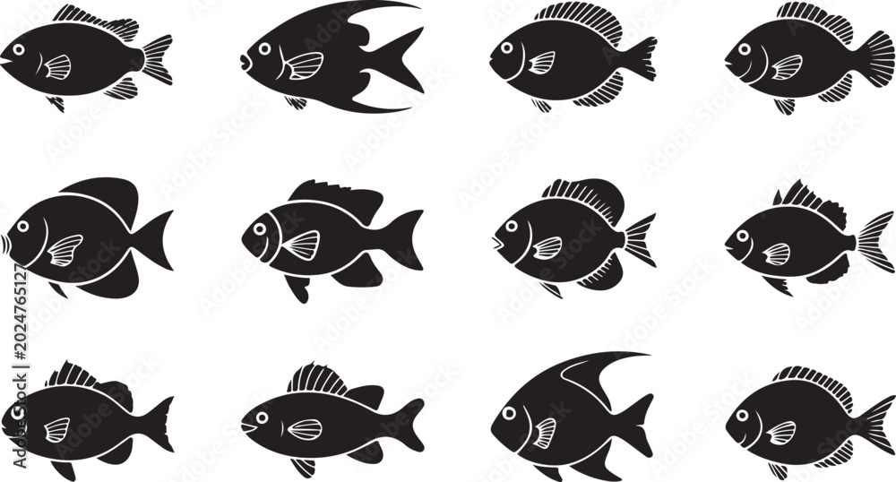 Fototapeta premium Black and white fish illustration set