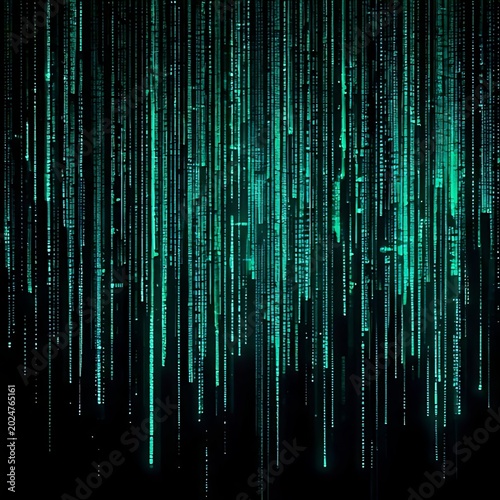 Falling digital code in bright blue-green light