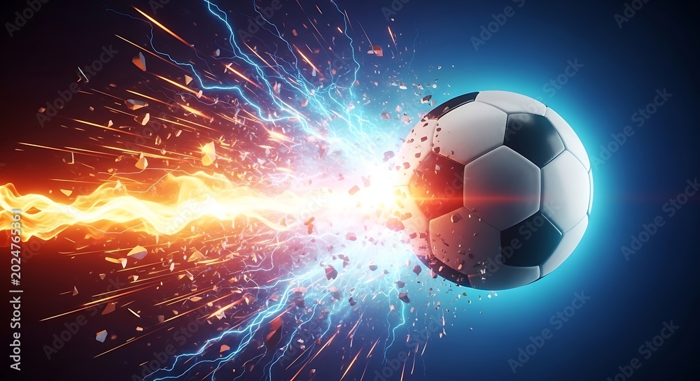 Fototapeta premium Soccer ball explodes with energy and power.